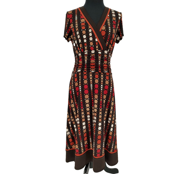 Sandra Darren Woman's Brown Dots Fit & Flare Dress Size 10 Cinched Waist V Neck - Picture 1 of 9